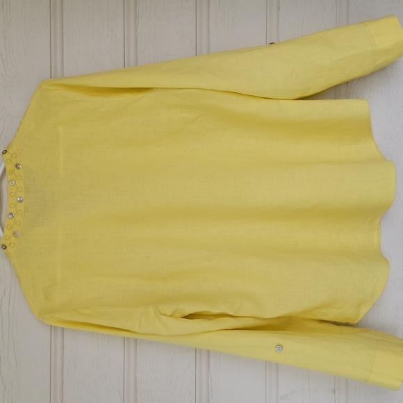 E-col-o-gie Yellow Embroidered 100% Linen Button Front Long Sleeve Shirt Women L - Picture 8 of 9